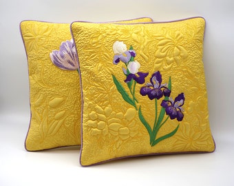 Embroidered Dupion Silk - Quilt Pillow - Iris Sword Lily Flowers -  Pillowcase - decorative Cushion Cover -Yellow, 39 x 39 cm