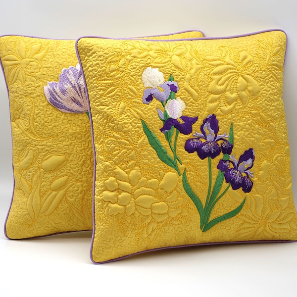 Coussin décoratif Lys en soie Dupion jaune, broderie de fleurs d'iris, housse de coussin Trapunto - Jaune, 39 x 39 cm