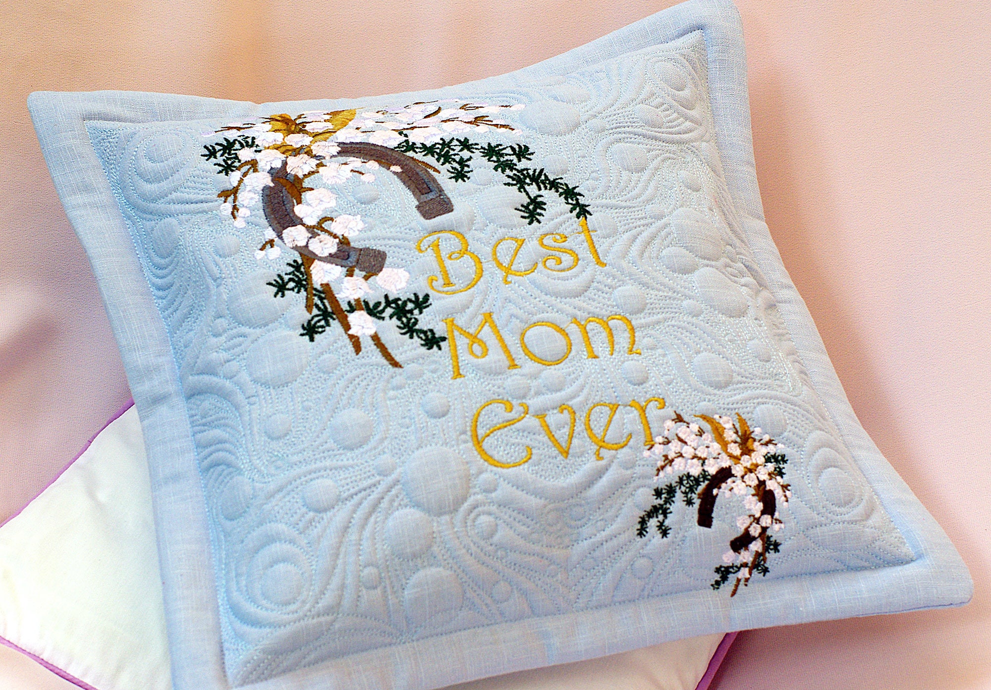 Embroidered Quilt Pillow - Horseshoe and Lily of the Valley, Mothers Day, 100% Linen Trapunto Pillowcase - Cushion Cover - 14 x 14 Inch