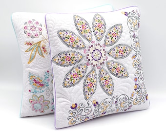 Paisely Trapunto Quilt Kuddfodral - Fransk Provence - Blombroderi, Shabby Chic, Broderat Dekorativt Kuddfodral - 39 x 39 cm