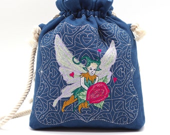 Embroidered Quilt Drawstring Pouch - Project Bag, Jeansblue - Fairy Boy Embroidery - Tarot Bag, 27 x 32cm