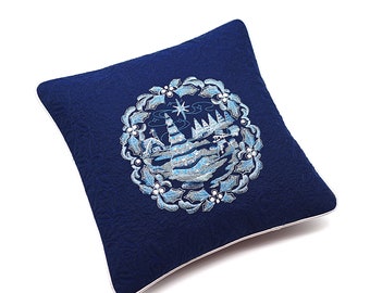 Blue Christmas Pillow -  Magical Winter Landscape - Embroidered Quilt Pillow Case, Trapunto Cushion Cover - Christmas Present, 39 x 39 cm