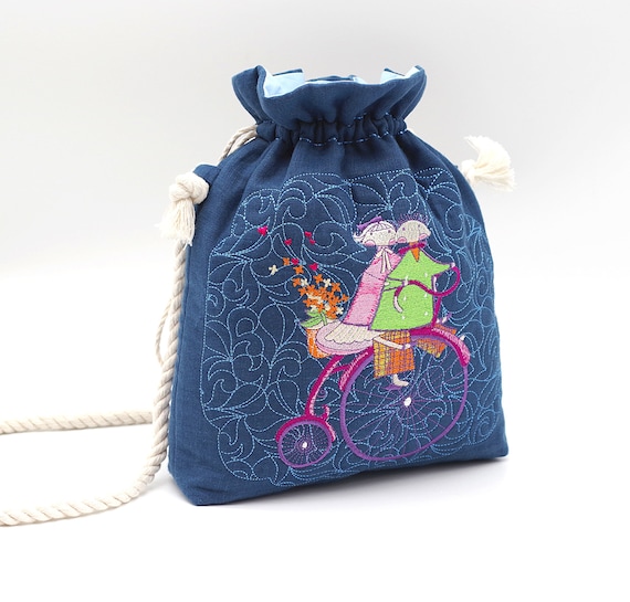 Embroidered Quilt Drawstring Pouch Project Bag Jeans Blue Cute Valentines Day Embroidery Make up Bag 27 X 32cm Etsy Canada