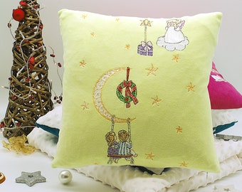 Pale Green Fluffy Pillow for Children - Moon and Stars Embroidery - Cuddly Cushion Cover - Soft Minky Dots Fabric, 35 x 35 cm