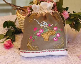 Embroidered Drawstring Pouch / Project Bag for Wool, Bread, Herbs / Garden Flowers Embroidery / Make Up Bag