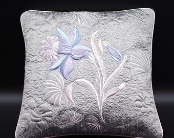 Silver Silk Dupion Silk - Quilt Pillow - Lilac Lily Flowers -  Pillowcase - decorative Cushion Cover - Art Noveau, 39 x 39 cm