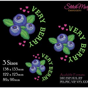 Machine Embroidery Blueberry Design SET ~ 3 Sizes ~ 2 Designs ~ Embroidery File ~ Embroidery ~ Blue Green, Very-Berry Summer Embroidery