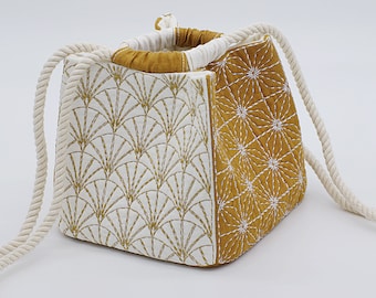 Japanese Drawstring Pouch - Komebukuro - Sashiko Quilt Embroidery, Kinchaku Bento Bag 7.8 x 7.8 inch