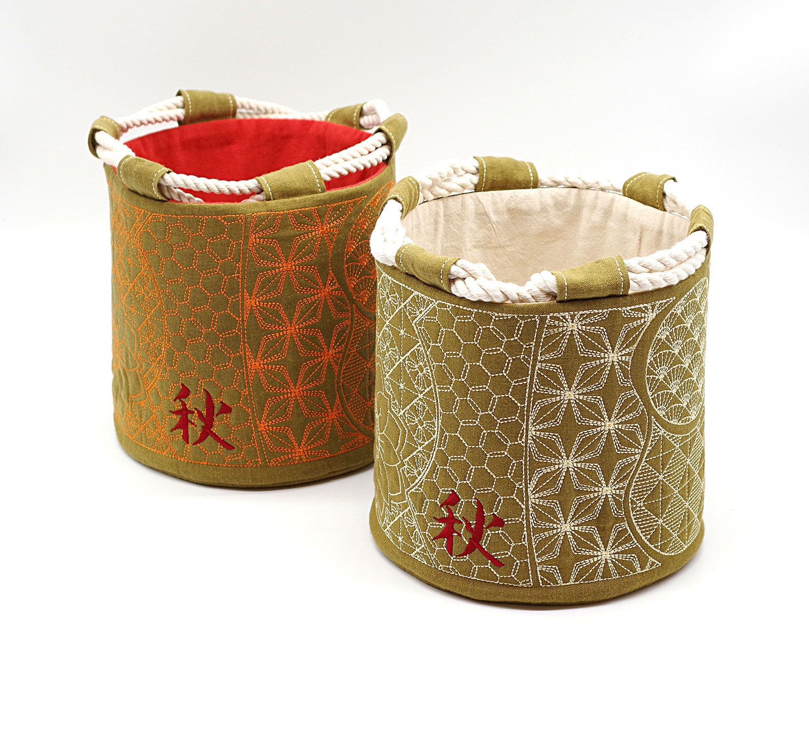 Japanese Pouch Design Khaki Japanese Drawstring Pouch ROUND - Kanji Komebukuro - Sashiko ...