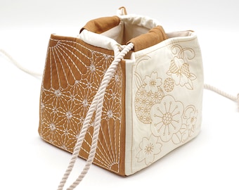 Japanese Drawstring Pouch with Sakura Embroidery - Komebukuro - Sashiko Quilt, Kinchaku Bento Bag 7.8 x 7.8 inch