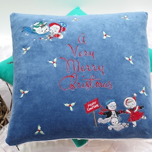 Blue Vintage Christmas Pillow, Snowman Embroidery - Cuddly Cushion Cover - Soft Fluffy Minky Dots Fabric, 35 x 35 cm