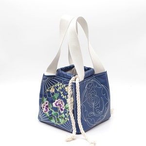 Sac à main élégant, sac à cordon japonais - Komebukuro - Broderie Sashiko Quilt, bleu foncé - Sac Kinchaku 20 x 20 cm