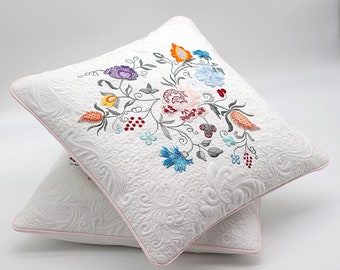 Trapunto Flower Embroidey on Quilt Pillow - Pretty Pillowcase - decorative cushion cover - white linen - 16 x 16 Inch