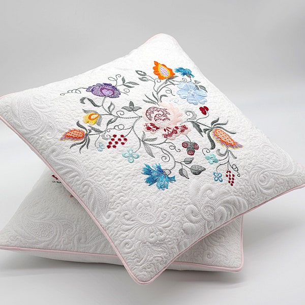 Coussin Fleur Coussin Décoratif Brodé - Shabby Chic Cottagecore - Housse de Coussin Trapunto Quilt - Lin, 39 x 39 cm