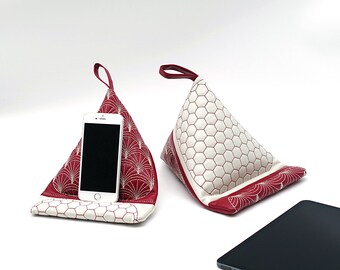 Tablet Pillow, Book Holder, Soft Eco Leather in Beige & Bordeaux, Japanese Sashiko Quilt, I-Pad Holder, 19 x 19 x 27cm