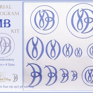 Ursprungligt broderimönster MB – Cirkelram Sammanflätat monogram för bröllopsdekor Linne Siden – 16 broderimönster – Digital nedladdning