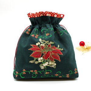 Bestickter Weihnachten Leinen Beutel, Dunkelgrün - Poinsettia - Kordelzug Tasche für Geschenke, Brot, Spielzeug - Geschenkesack -  31 x 33cm
