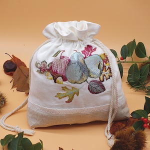 Thanksgiving Autumn Linen Bag - Drawstring Pouch - for Projects, Herbs - Apple and Leaves Embroidery