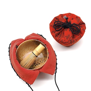Chawan Kinchaku | Shifuku, saquinho para cerimônia do chá japonesa, tigela de chá, ornamentos vermelhos, feito à mão | Para chawan Ø 13x8x5cm xícara de chá
