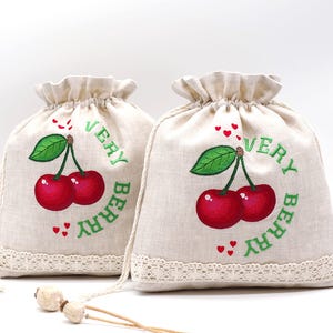 Embroidered Drawstring Pouch CHERRY, Project Bag for Wool, Bread, Herbs - Fruit Garden Embroidery - Very Berry 31x29cm Bag