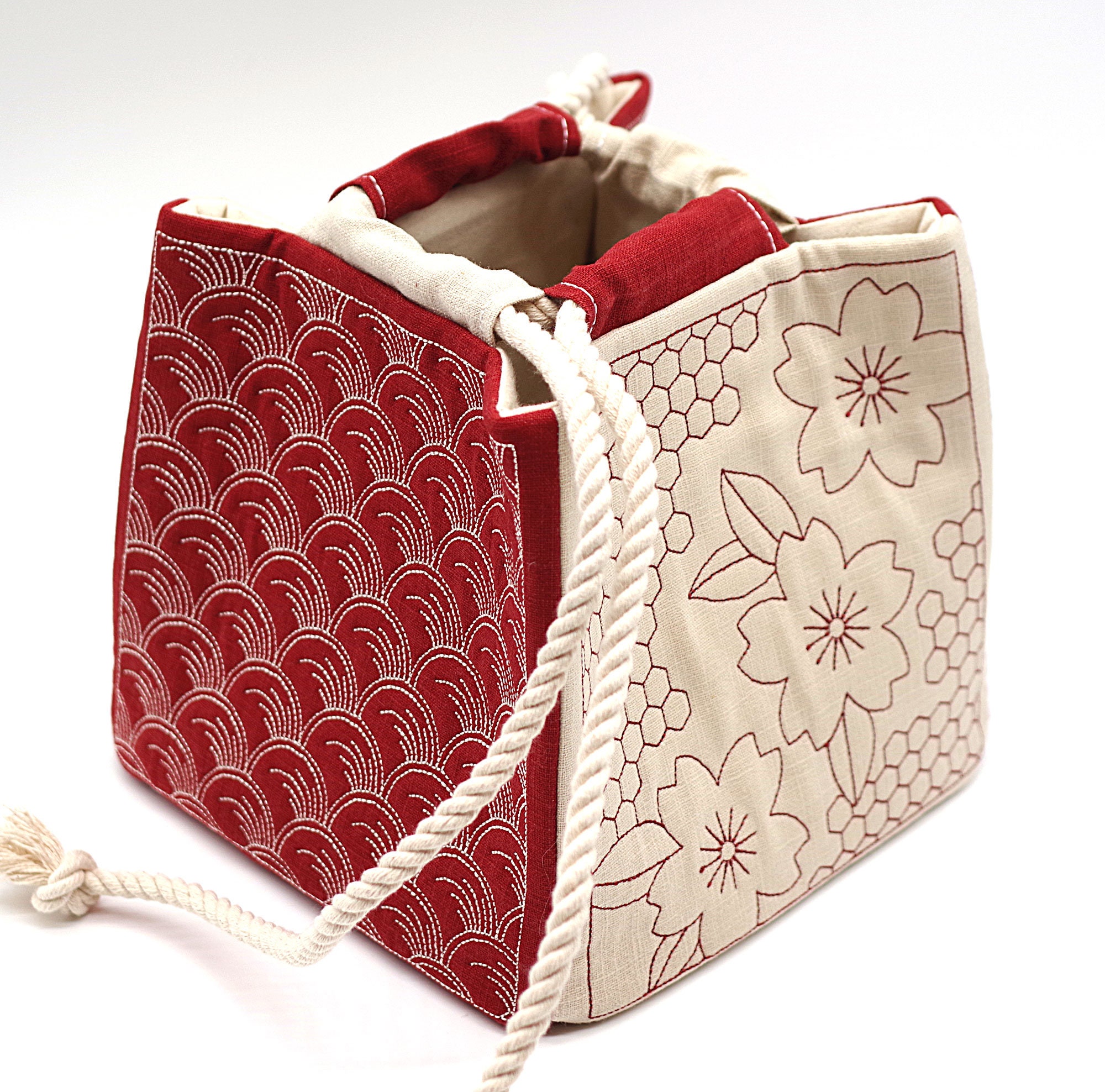 Red-white Japanese Drawstring Pouch - Komebukuro - Sashiko