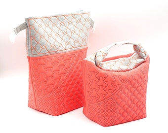 Embroidered Komebukuro Lunch Bag, Sashiko Coral & White, Drawstring Jersey Bento Box, Embroidery Kinchaku 37 x 35 cm