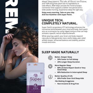 May include: An advertisement for Super Patch REM sleep patches. The image shows a woman sleeping, a package of patches, and a single patch. Text highlights benefits like deeper sleep, faster sleep onset, and drug-free formula.