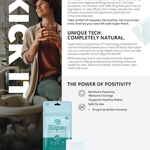 Puede incluir: Un anuncio de Super Patch, con una mujer sosteniendo una taza. La imagen destaca el parche "Kick It", empaquetado en una bolsa azul claro con el texto "Super Patch Company". El texto promueve la positividad y los hábitos saludables.