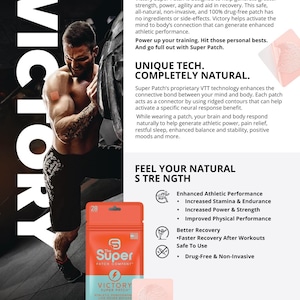 Könnte beinhalten: Werbung für Super Patch Victory Patches. Das Bild zeigt eine Person beim Gewichtheben, eine Packung Patches und einen einzelnen Patch. Der Text hebt Vorteile wie verbesserte sportliche Leistung und schnellere Erholung hervor.