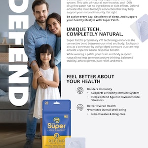Puede incluir: Un anuncio de los parches DEFEND de Super Patch. La imagen presenta a una familia y una bolsa azul y amarilla de parches. El texto en la bolsa dice "DEFEND SUPER PATCH PROTECT YOUR WELL-BEING LIKE NEVER BEFORE". También se ve un parche blanco.