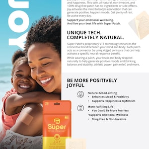 May include: An advertisement for Super Patch, featuring a mother and child smiling. The image includes a package of "JOY" patches and a single patch. Text on the package and patch promotes emotional wellbeing and a drug-free formula.