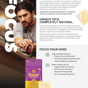 Könnte beinhalten: Werbung für den Focus-Patch von Super Patch. Das Bild zeigt einen Mann, eine lila-gelbe Packung mit Patches und einen einzelnen Patch. Der Text hebt Vorteile wie verbesserte Konzentration und kognitive Leistung hervor. Das Produkt wird als rein natürlich und drogenfrei beschrieben.