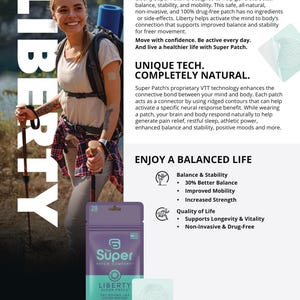 Puede incluir: Un anuncio de los parches Super Patch Liberty. La imagen presenta a una mujer caminando con una mochila y bastones de trekking, y un paquete de parches. El texto en el paquete dice "Liberty Super Patch". El anuncio promueve el equilibrio, la estabilidad y la movilidad.