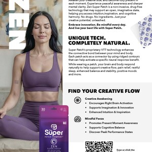 以下が含まれることがあります： 紫色のスポーツウェアを着た女性と「ZEN」の文字、そして「ZEN SUPER PATCH」と書かれた製品パッケージが写っています。パッケージは紫と白で、Super Patchのロゴが入っています。パッケージのテキストには「GET IN THE ZONE LIKE NEVER BEFORE」と書かれています。