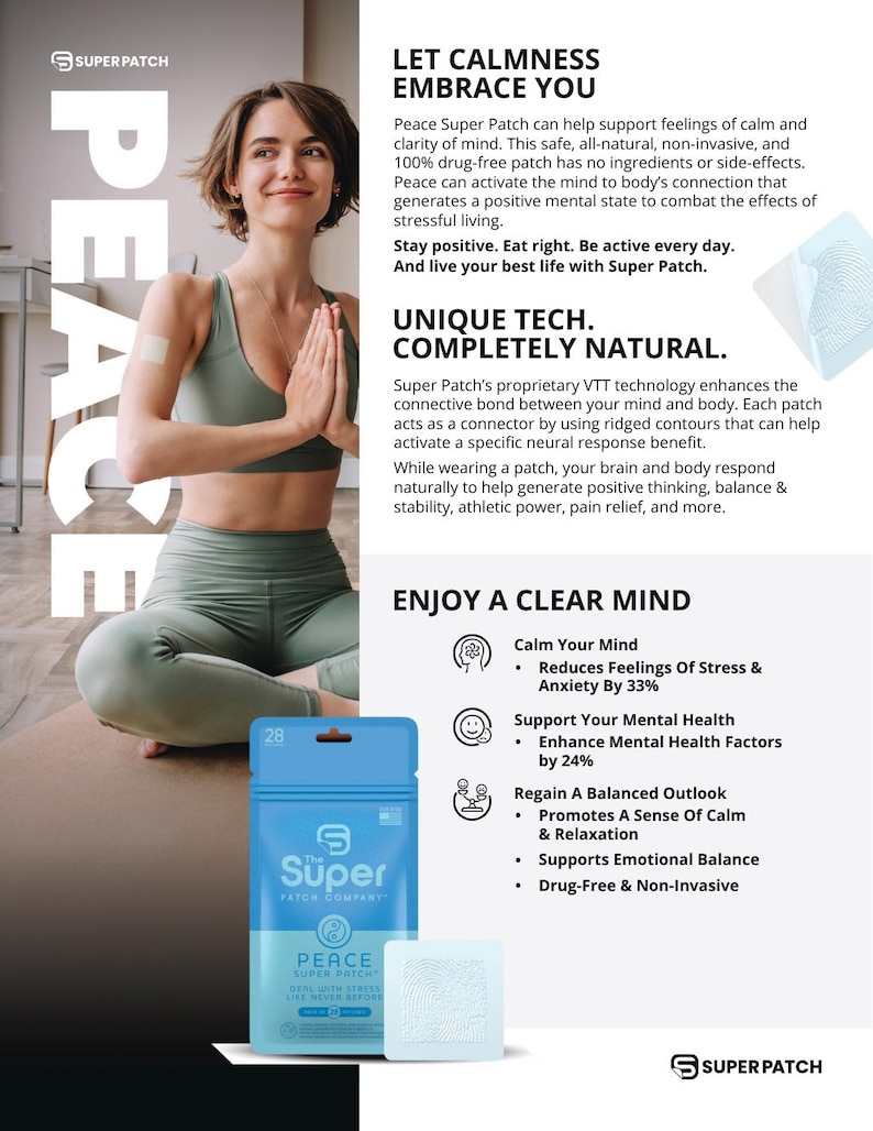 Pu&ograve; includere: Una pubblicit&agrave; per Super Patch, con una donna in abbigliamento sportivo in posa yoga. L'immagine include un sacchetto blu di cerotti "Peace" e un singolo cerotto. Il testo evidenzia i benefici del cerotto per la chiarezza mentale e la riduzione dello stress.