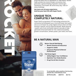 Peut inclure: L'image présente un paquet bleu et blanc de Rocket Super Patch, un produit conçu pour améliorer le bien-être général. Le texte sur le paquet indique "Rocket Super Patch" et "More Like Never Before". Un patch est affiché à côté du paquet.