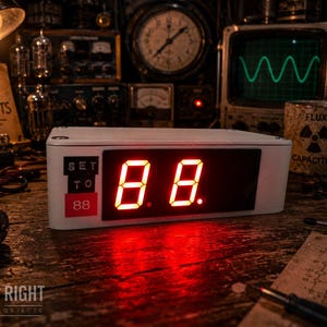 May include: A rectangular white digital clock featuring a black display panel with glowing red numbers. On the left side, a small black and red label displays the text SET TO 88. The device is positioned horizontally, showcasing a clean, modern design with a high-contrast interface that emits a bright red light across the surface below it.