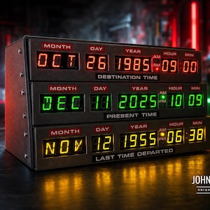Pode incluir: Unidade de exibição de tempo digital de três níveis com leituras de LED em vermelho, verde e amarelo. A linha superior mostra DESTINATION TIME, a linha central mostra PRESENT TIME e a linha inferior indica LAST TIME DEPARTED com campos de mês, dia, ano, hora e minuto.