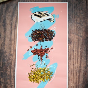 May include: A pink and blue illustration of a stacked burger with a grilled chicken patty, chili, french fries, and a bun. The illustration is on a white background.