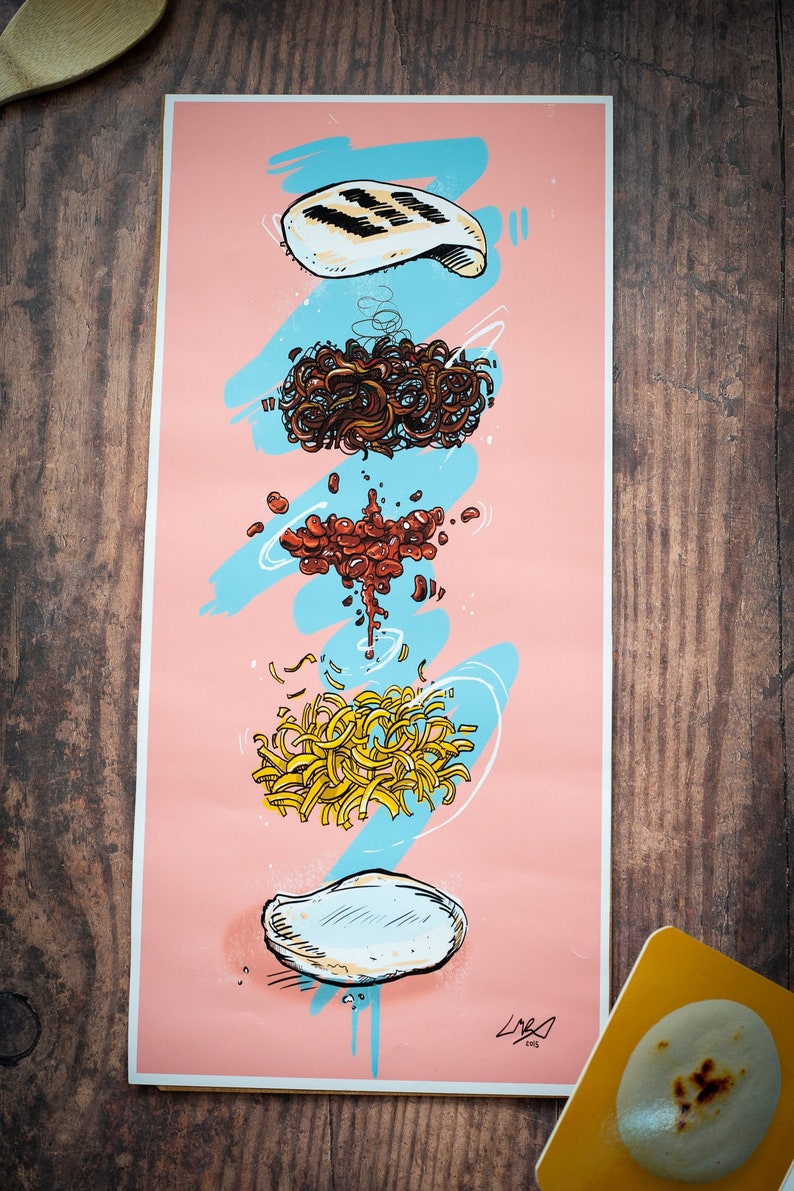 May include: A pink and blue illustration of a stacked burger with a grilled chicken patty, chili, french fries, and a bun. The illustration is on a white background.