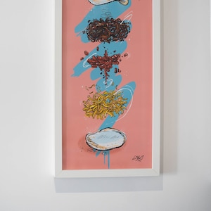 May include: A framed illustration of a burger with a pink background. The burger is made up of a bun, a patty, cheese, onions, and a tomato. The illustration is in a cartoon style.
