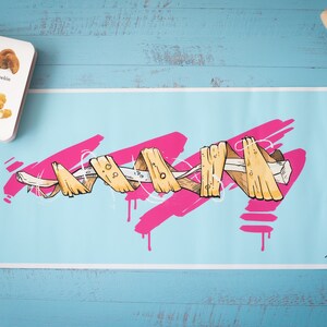 May include: A digital illustration of a long, thin, yellow object wrapped in a spiral shape against a light blue background with pink paint splatters. The object is reminiscent of a hot dog or a long, thin piece of bread.