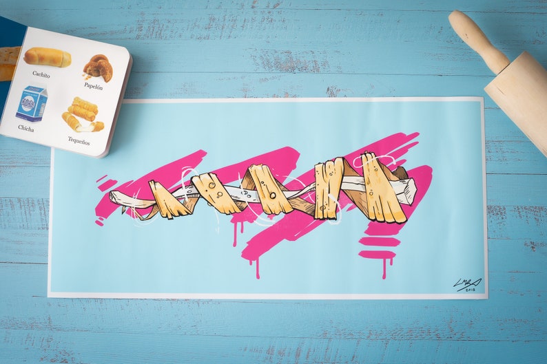 May include: A digital illustration of a long, thin, yellow object wrapped in a spiral shape against a light blue background with pink paint splatters. The object is reminiscent of a hot dog or a long, thin piece of bread.