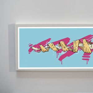 May include: A framed illustration of a bone wrapped in yellow tape, with pink paint splatters in the background. The artwork is signed "L.M.G." and dated "2018".