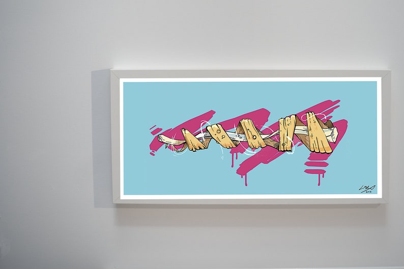 May include: A framed illustration of a bone wrapped in yellow tape, with pink paint splatters in the background. The artwork is signed "L.M.G." and dated "2018".