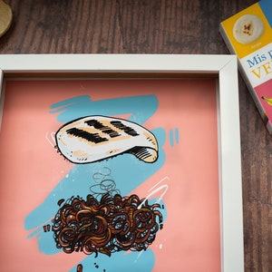 May include: A framed illustration of a grilled chicken breast and a pile of brown noodles on a pink and blue background.