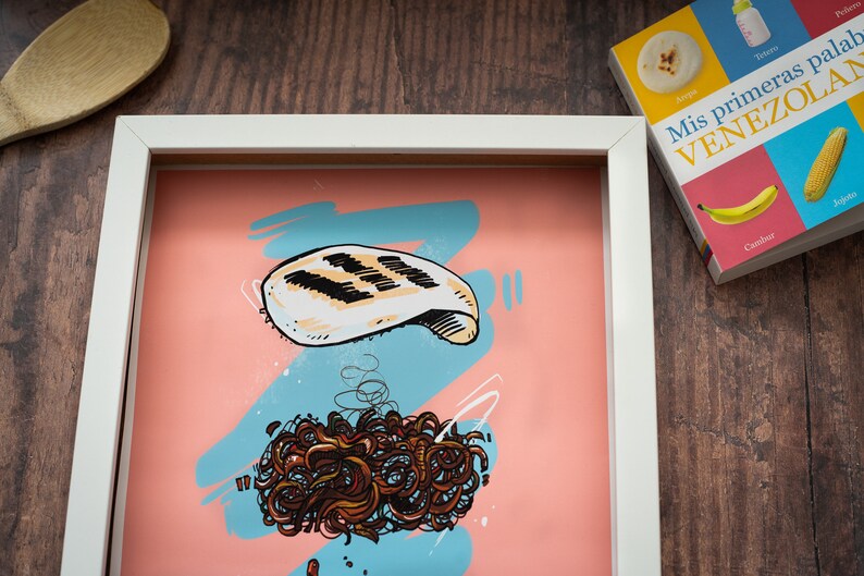 May include: A framed illustration of a grilled chicken breast and a pile of brown noodles on a pink and blue background.