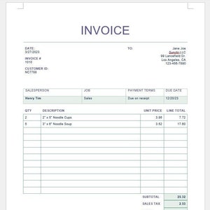 May include: Invoice for J.J. Noodle Soup LLC dated March 27, 2023, with invoice number 1010 and customer ID NC7788. The invoice is for 2 x 2" x 5" Noodle Cups and 5 x 3" x 6" Noodle Soup. The subtotal is $25.32, sales tax is $2.53, and the total is $27.85.
