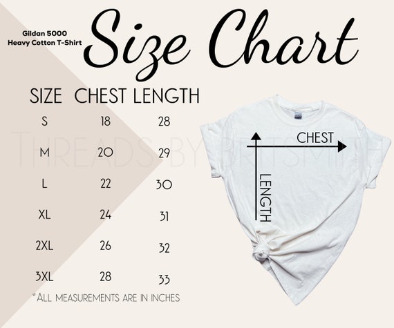 Gildan 5000 White Size Chart Size Chart for Unisex Gildan - Etsy Canada