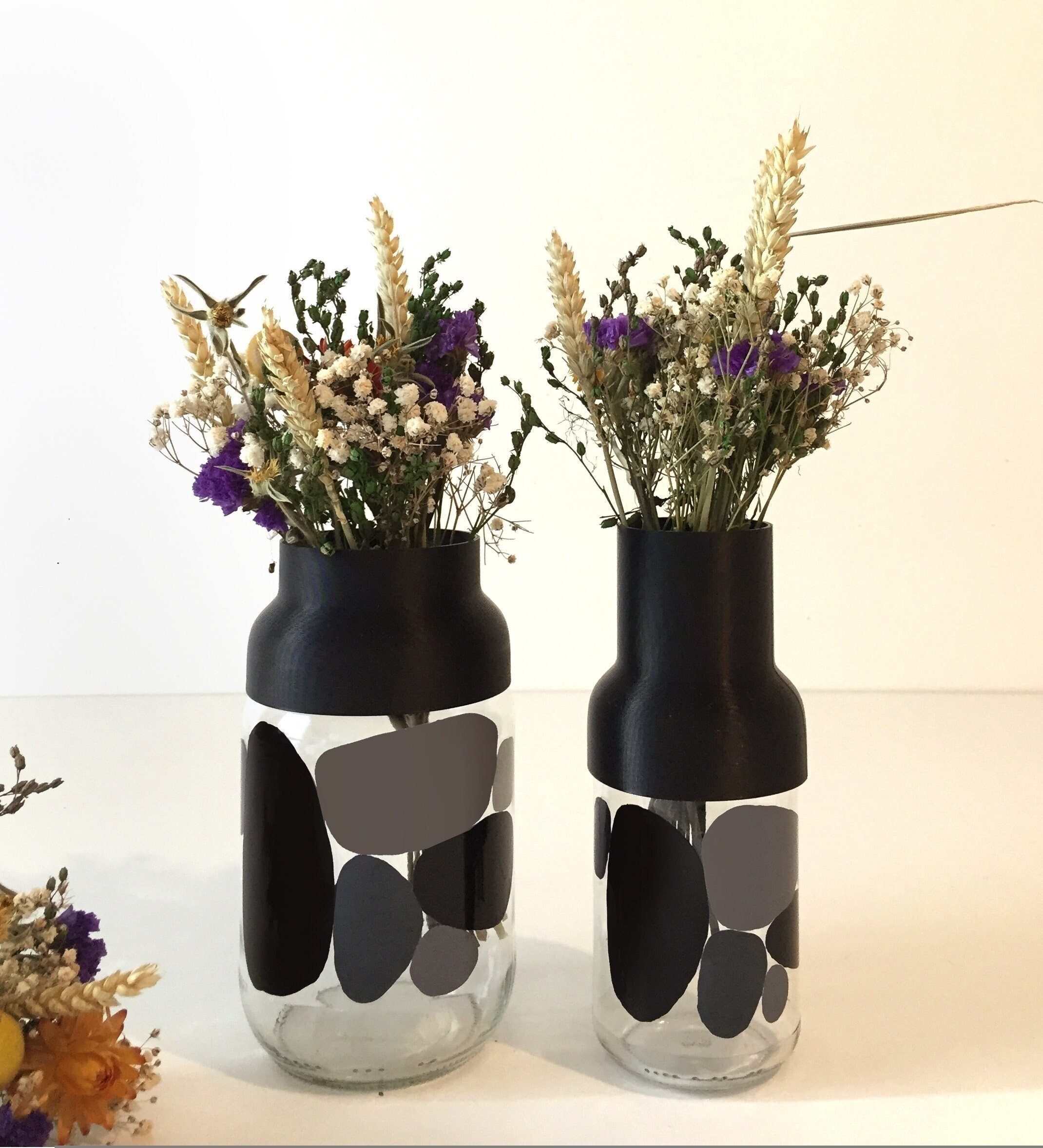 Vase Caillou en Verre et Impression 3D, Noir Gris, Pour Fleurs Décoration d'intérieur